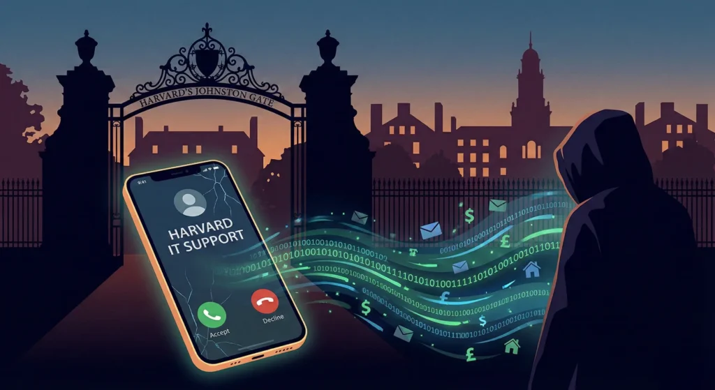 Harvard Vishing Breach: How a Phone Call Exposed Donor Data Illustration of the Harvard vishing breach with a spoofed phone call in front of Harvard’s campus and data icons flowing away