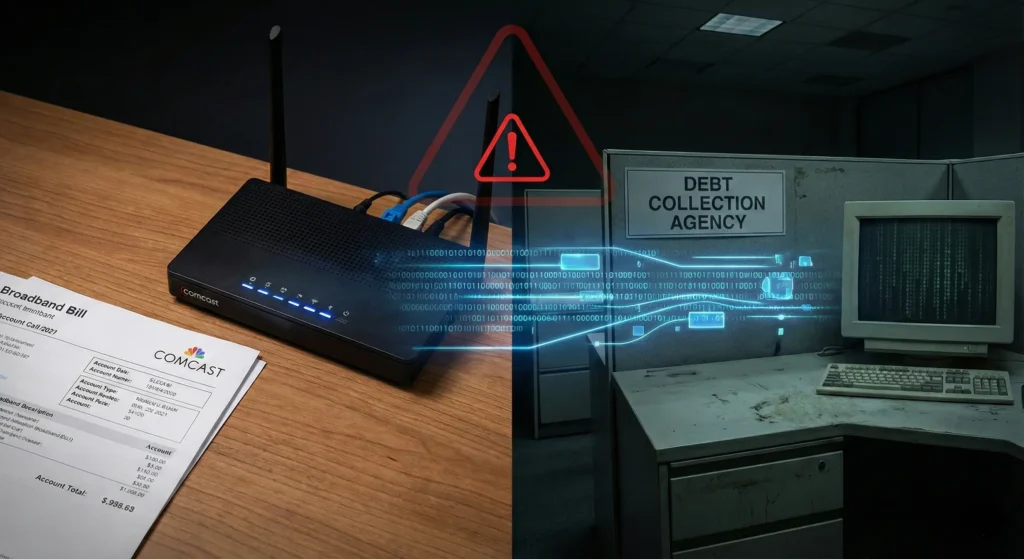 Your Broadband Bill Isn’t the Only Thing Comcast Outsourced Illustration of the Comcast vendor data breach showing outsourced customer data flowing from an ISP to a debt collection agency